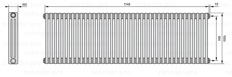 Схема (чертеж) Радиатор Zehnder Charleston 3100/38 №7610 Белый глянцевый RAL 9016